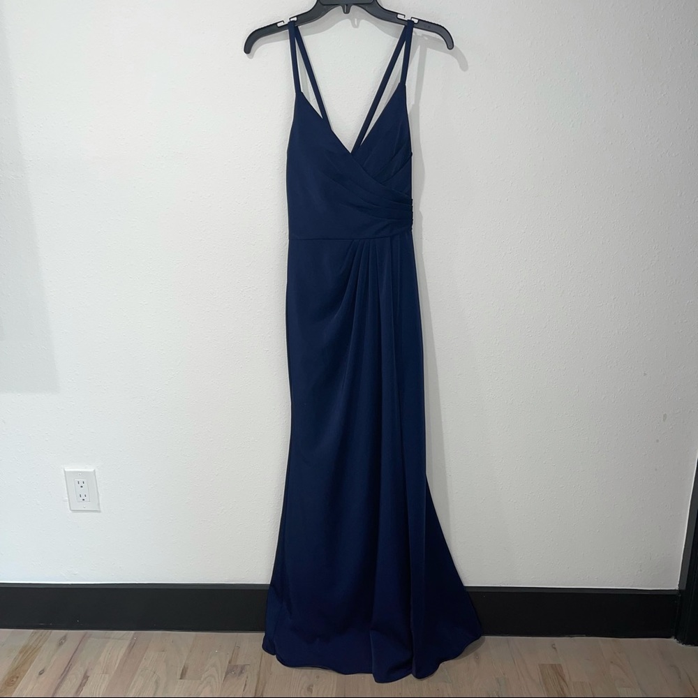 Navy Floor Length Spaghetti Strap Bridesmaid Dress/Gown w Front Side Slit